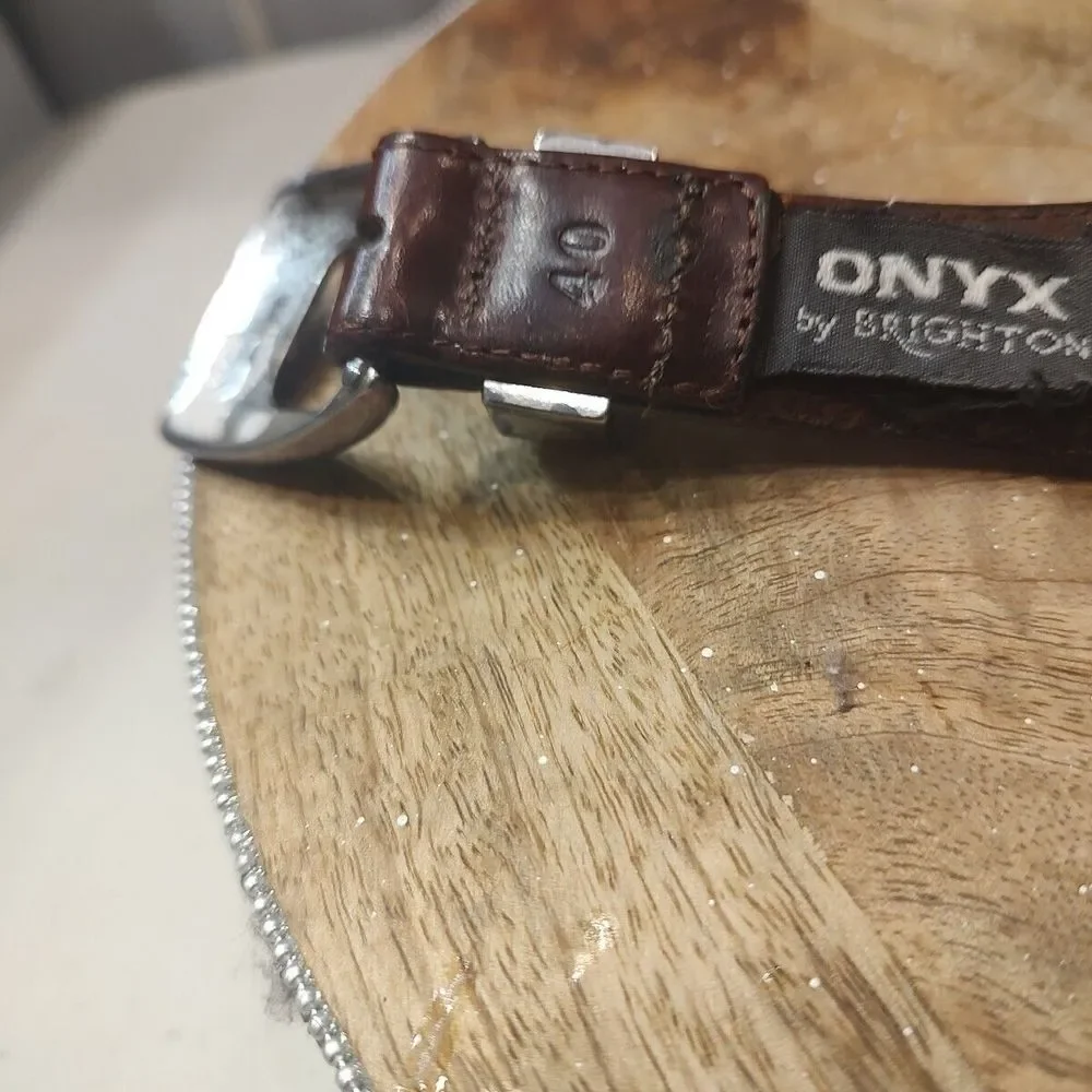 VTG Onyx by Brighton Golfing Belt Brown Leather‎ Silver Braided Sz 40